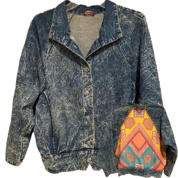 VINTAGE Acid Wash Button Front Fabric Adorned Boho Upcycled Dolman Style Jacket - Picture 1 of 13